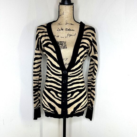 Express Zebra Print Cardigan Sz XS Button Deep V Neck Dark Academia Brown Black - Picture 1 of 11